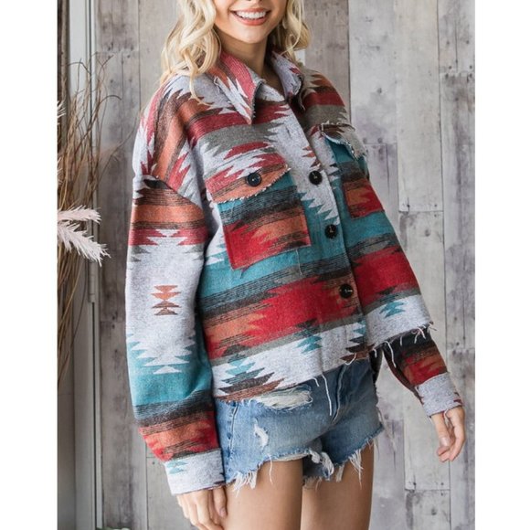 Boho Aztec Tribal Yellowstone Distressed Flannel Shirt Jacket Shacket - Picture 5 of 7